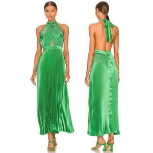 L’IDEE Bright Green Renaissance Mock Neck Pleated Satin Midi Dress Size 12